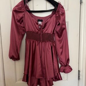 B Darlin Burgundy Satin Long Sleeve Dress